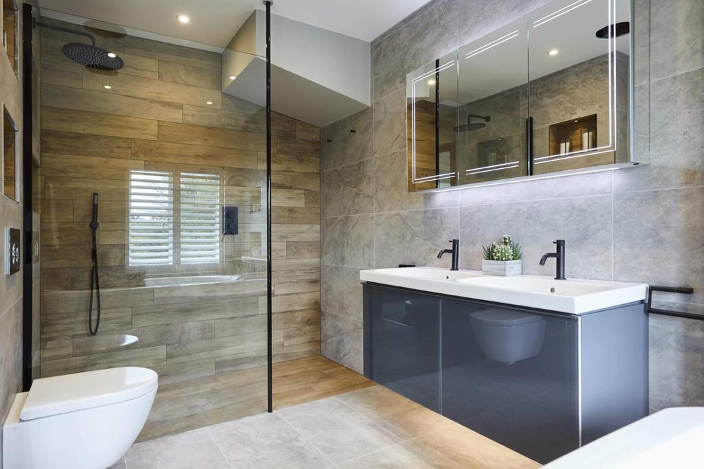 Modern washroom renovation with a walk-in shower and wood-effect tiles